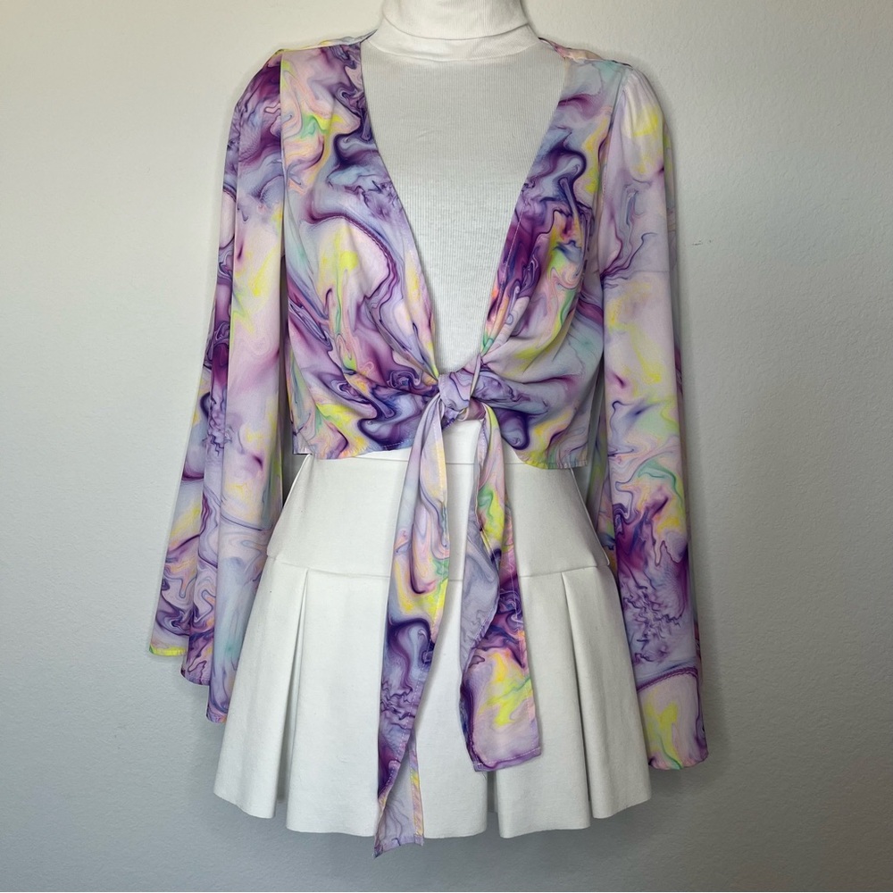 Akira | Purple & Yellow LS Wrap Crop Top | Small